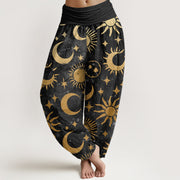 Buddha Stones Crescent Moon Sun Stars Pattern Design Women's Elastic Waist Harem Pants