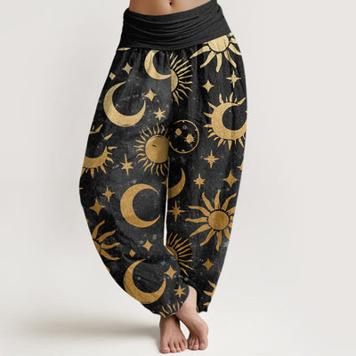 Buddha Stones Crescent Moon Sun Stars Pattern Design Women's Elastic Waist Harem Pants