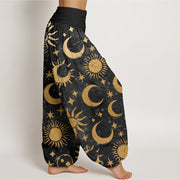 Buddha Stones Crescent Moon Sun Stars Pattern Design Women's Elastic Waist Harem Pants