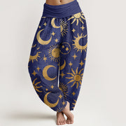 Buddha Stones Crescent Moon Sun Stars Pattern Design Women's Elastic Waist Harem Pants