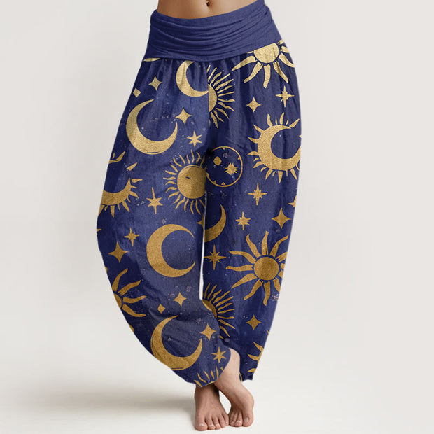 Buddha Stones Crescent Moon Sun Stars Pattern Design Women's Elastic Waist Harem Pants