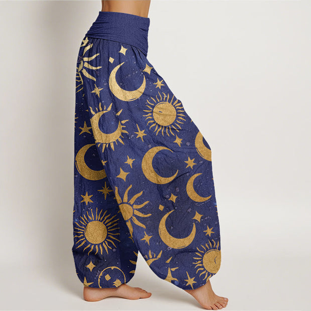 Buddha Stones Crescent Moon Sun Stars Pattern Design Women's Elastic Waist Harem Pants