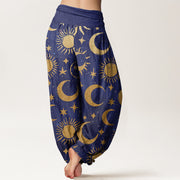 Buddha Stones Crescent Moon Sun Stars Pattern Design Women's Elastic Waist Harem Pants