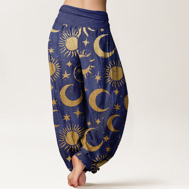 Buddha Stones Crescent Moon Sun Stars Pattern Design Women's Elastic Waist Harem Pants