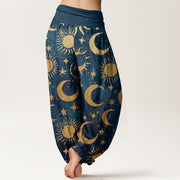 Buddha Stones Crescent Moon Sun Stars Pattern Design Women's Elastic Waist Harem Pants