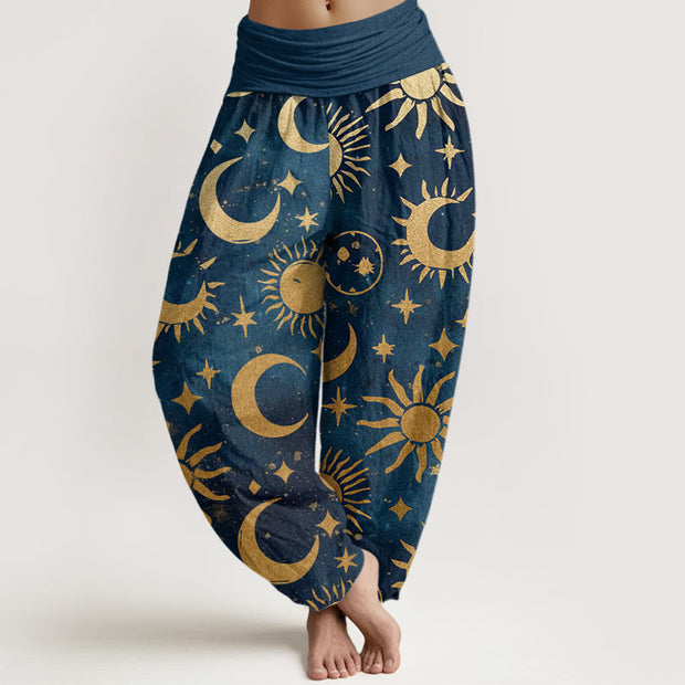 Buddha Stones Crescent Moon Sun Stars Pattern Design Women's Elastic Waist Harem Pants