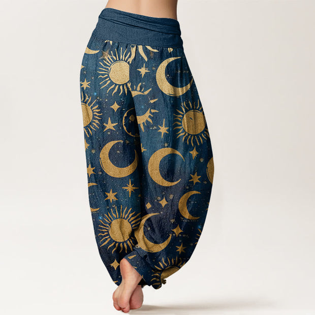 Buddha Stones Crescent Moon Sun Stars Pattern Design Women's Elastic Waist Harem Pants
