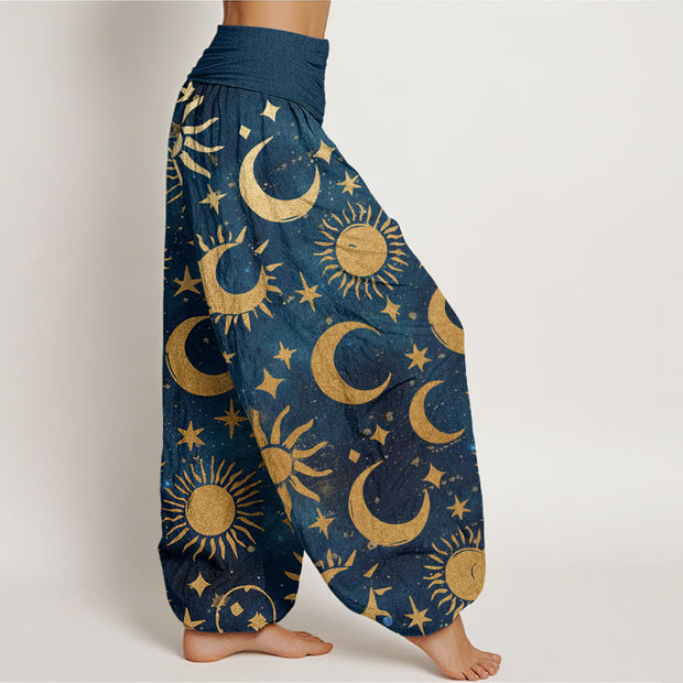 Buddha Stones Crescent Moon Sun Stars Pattern Design Women's Elastic Waist Harem Pants