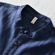 Buddha Stones Casual Solid Color Half Button Design Stand Collar Men's Short Sleeve Cotton Linen Shirt