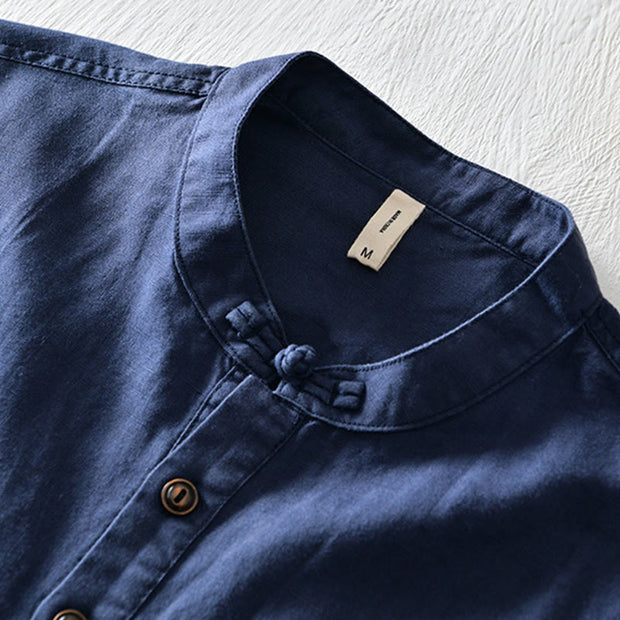 Buddha Stones Casual Solid Color Half Button Design Stand Collar Men's Short Sleeve Cotton Linen Shirt