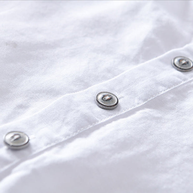 Buddha Stones Casual Solid Color Half Button Design Stand Collar Men's Short Sleeve Cotton Linen Shirt
