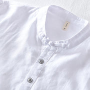 Buddha Stones Casual Solid Color Half Button Design Stand Collar Men's Short Sleeve Cotton Linen Shirt