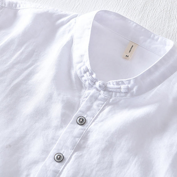 Buddha Stones Casual Solid Color Half Button Design Stand Collar Men's Short Sleeve Cotton Linen Shirt