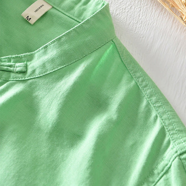 Buddha Stones Casual Solid Color Half Button Design Stand Collar Men's Short Sleeve Cotton Linen Shirt