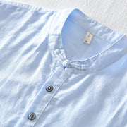 Buddha Stones Casual Solid Color Half Button Design Stand Collar Men's Short Sleeve Cotton Linen Shirt