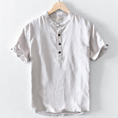 Buddha Stones Casual Solid Color Half Button Design Stand Collar Men's Short Sleeve Cotton Linen Shirt