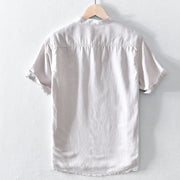 Buddha Stones Casual Solid Color Half Button Design Stand Collar Men's Short Sleeve Cotton Linen Shirt