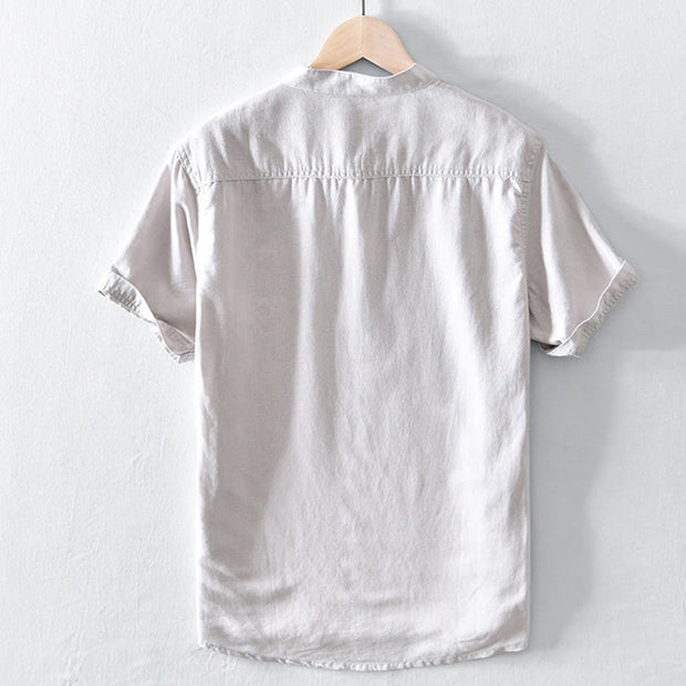 Buddha Stones Casual Solid Color Half Button Design Stand Collar Men's Short Sleeve Cotton Linen Shirt