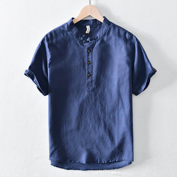 Buddha Stones Casual Solid Color Half Button Design Stand Collar Men's Short Sleeve Cotton Linen Shirt