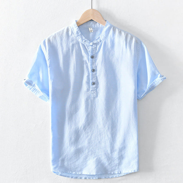 Buddha Stones Casual Solid Color Half Button Design Stand Collar Men's Short Sleeve Cotton Linen Shirt