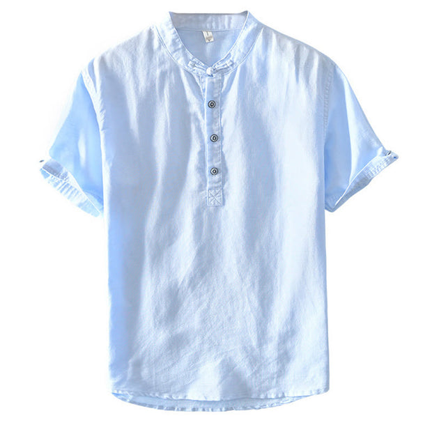 Buddha Stones Casual Solid Color Half Button Design Stand Collar Men's Short Sleeve Cotton Linen Shirt