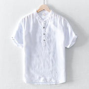 Buddha Stones Casual Solid Color Half Button Design Stand Collar Men's Short Sleeve Cotton Linen Shirt