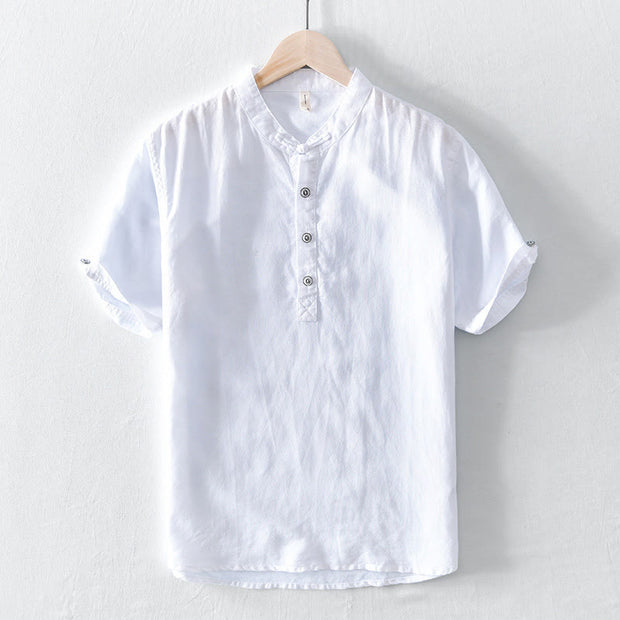 Buddha Stones Casual Solid Color Half Button Design Stand Collar Men's Short Sleeve Cotton Linen Shirt