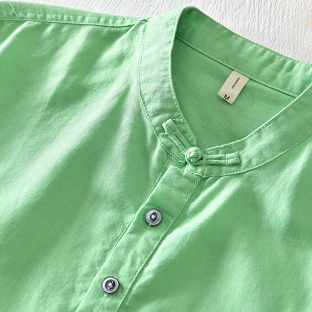 Buddha Stones Casual Solid Color Half Button Design Stand Collar Men's Short Sleeve Cotton Linen Shirt
