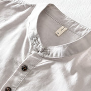 Buddha Stones Casual Solid Color Half Button Design Stand Collar Men's Short Sleeve Cotton Linen Shirt