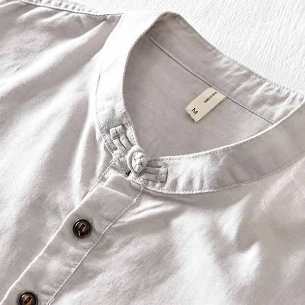 Buddha Stones Casual Solid Color Half Button Design Stand Collar Men's Short Sleeve Cotton Linen Shirt