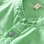 Buddha Stones Casual Solid Color Half Button Design Stand Collar Men's Short Sleeve Cotton Linen Shirt