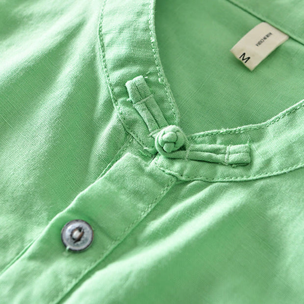 Buddha Stones Casual Solid Color Half Button Design Stand Collar Men's Short Sleeve Cotton Linen Shirt