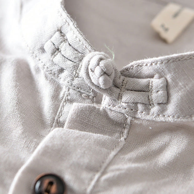 Buddha Stones Casual Solid Color Half Button Design Stand Collar Men's Short Sleeve Cotton Linen Shirt