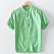 Buddha Stones Casual Solid Color Half Button Design Stand Collar Men's Short Sleeve Cotton Linen Shirt