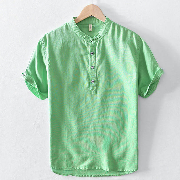Buddha Stones Casual Solid Color Half Button Design Stand Collar Men's Short Sleeve Cotton Linen Shirt