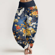 Buddha Stones Auspicious Clouds White Cranes Red Flowers Pattern Design Women's Elastic Waist Harem Pants