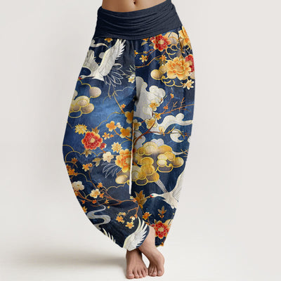 Buddha Stones Auspicious Clouds White Cranes Red Flowers Pattern Design Women's Elastic Waist Harem Pants