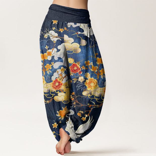 Buddha Stones Auspicious Clouds White Cranes Red Flowers Pattern Design Women's Elastic Waist Harem Pants