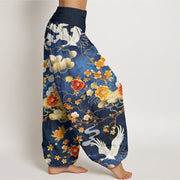 Buddha Stones Auspicious Clouds White Cranes Red Flowers Pattern Design Women's Elastic Waist Harem Pants