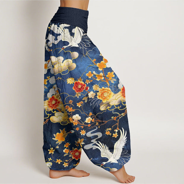 Buddha Stones Auspicious Clouds White Cranes Red Flowers Pattern Design Women's Elastic Waist Harem Pants