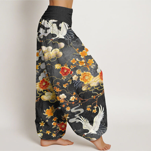 Buddha Stones Auspicious Clouds White Cranes Red Flowers Pattern Design Women's Elastic Waist Harem Pants