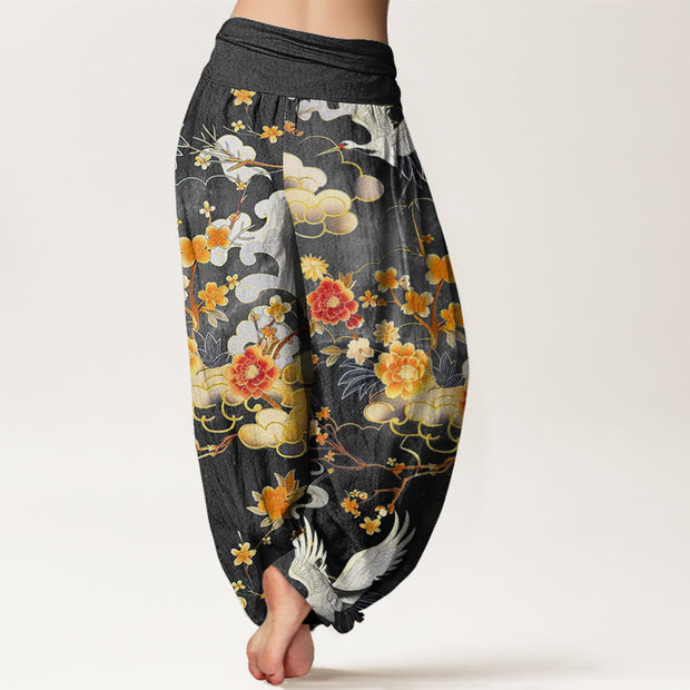 Buddha Stones Auspicious Clouds White Cranes Red Flowers Pattern Design Women's Elastic Waist Harem Pants