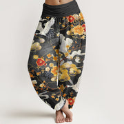 Buddha Stones Auspicious Clouds White Cranes Red Flowers Pattern Design Women's Elastic Waist Harem Pants