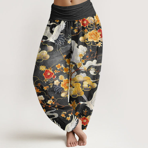 Buddha Stones Auspicious Clouds White Cranes Red Flowers Pattern Design Women's Elastic Waist Harem Pants