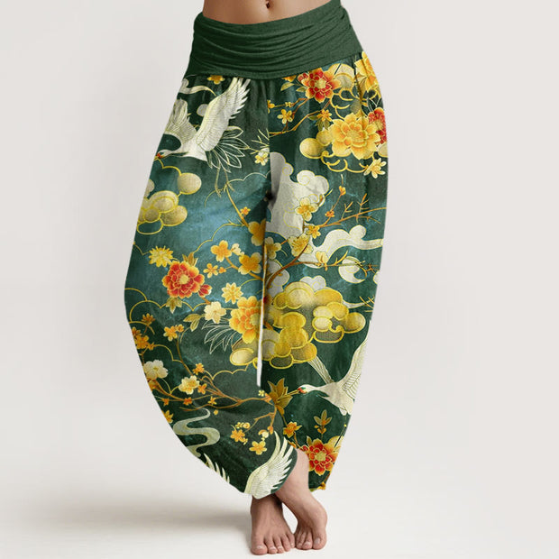 Buddha Stones Auspicious Clouds White Cranes Red Flowers Pattern Design Women's Elastic Waist Harem Pants