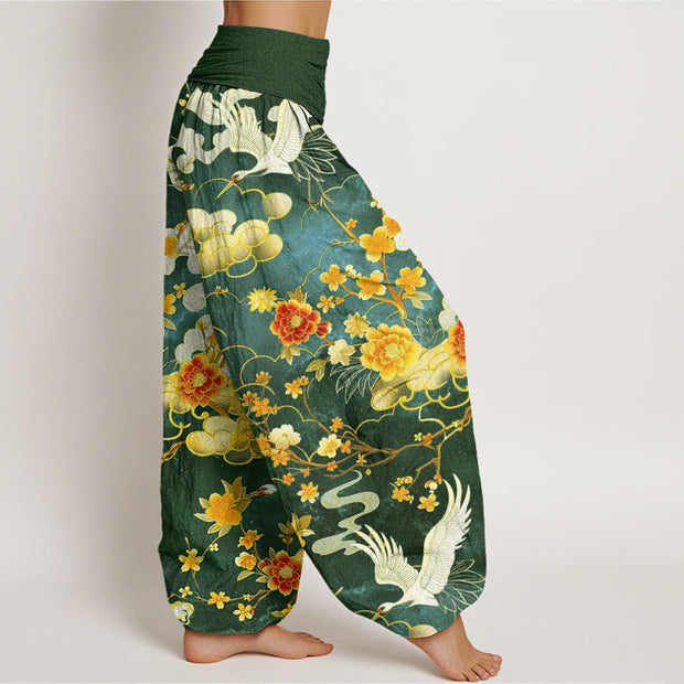 Buddha Stones Auspicious Clouds White Cranes Red Flowers Pattern Design Women's Elastic Waist Harem Pants