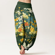 Buddha Stones Auspicious Clouds White Cranes Red Flowers Pattern Design Women's Elastic Waist Harem Pants