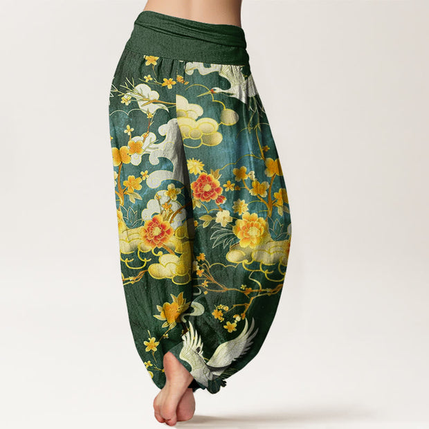 Buddha Stones Auspicious Clouds White Cranes Red Flowers Pattern Design Women's Elastic Waist Harem Pants