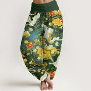 Buddha Stones Auspicious Clouds White Cranes Red Flowers Pattern Design Women's Elastic Waist Harem Pants - SeaGreen - US22，UK/AU26，EU54 (6XL) - image 8