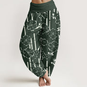 Buddha Stones Floral Lines Pattern Design Women's Elastic Waist Harem Pants